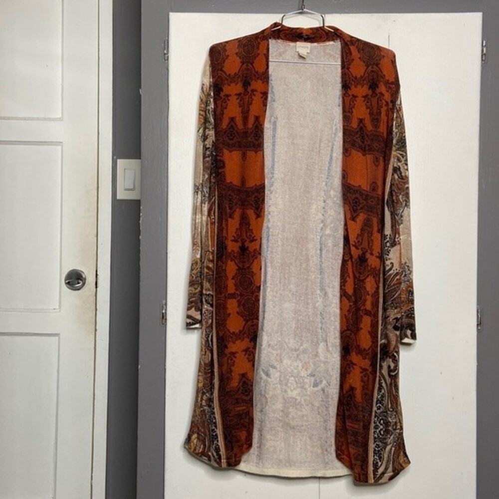 Chico's Women's Open Knit Long Cardigan Sweater Size 3 Boho hippy mandala